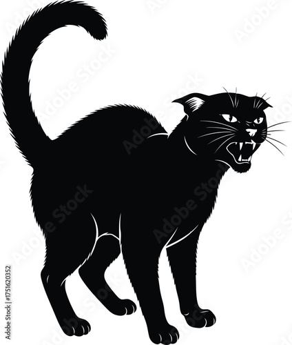 Vector art of angry black cat hissing with bared teeth