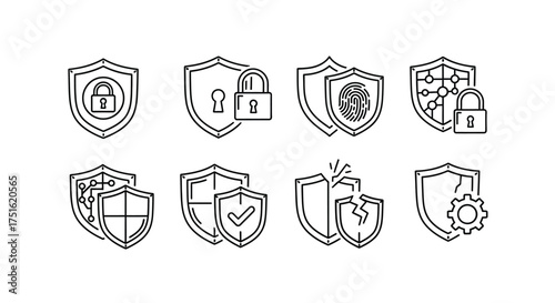 Set of security shield icons isolated on white background in line style