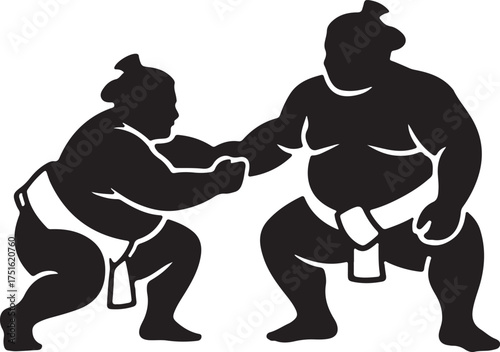Two black silhouette sumo wrestlers in a confrontational stance on a white background sumo wrestling