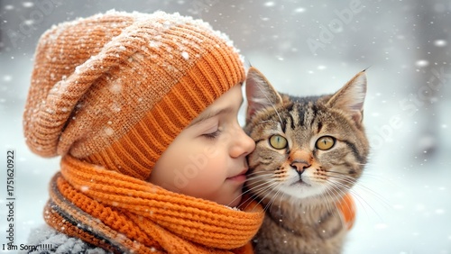Sweet child kissing tabby cat in winter wonderland with gentle snowfall and cozy warmth