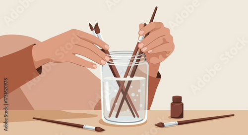 Artist's Hands Cleaning Paintbrushes in a Glass Jar with Water