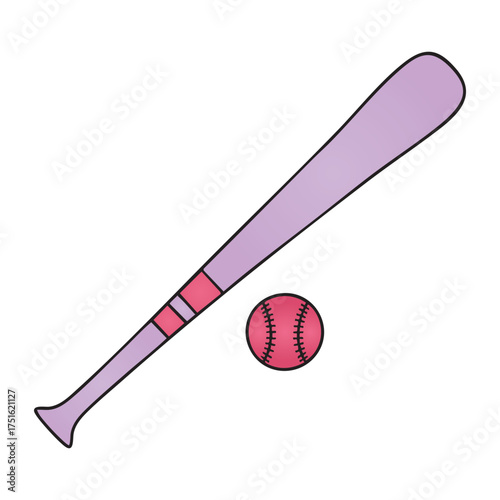 Baseball Bat and Ball Violet Vector Illustration Isolated Sports Doodle