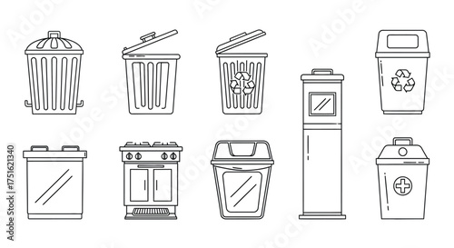 Set of trash can icons isolated on white background in line art style