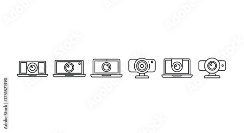 Webcam line icon set isolated on white background for video conference