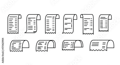 Set of different receipt line icons isolated on white background for design