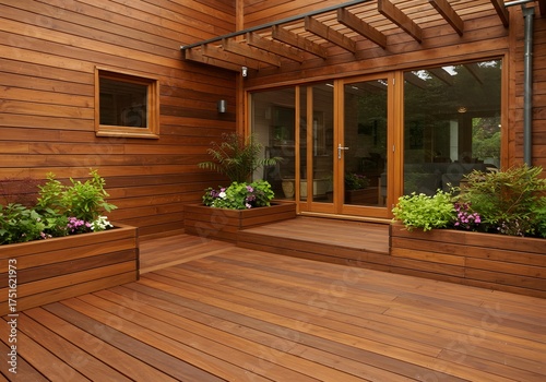 Modern wooden deck and patio with planter boxes and glass doors
