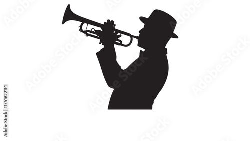 Black silhouette of a man wearing a fedora hat playing a trumpet musician