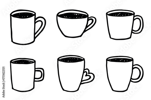 Set of cute hand drawn cup of tea or coffee Simple mug clipart Cozy home doodle Single element for design