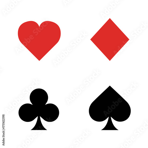 Traditional playing card suit icons heart, diamond, club, spade, vector graphics for casino games and digital projects