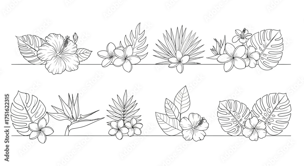 Fototapeta premium Tropical flower sketch border isolated on white background for decoration
