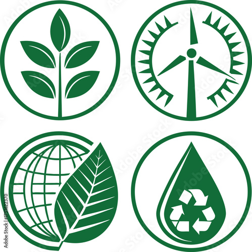 Four circular green eco friendly symbols representing agriculture renewable energy environmental protection and water conservation on a white background