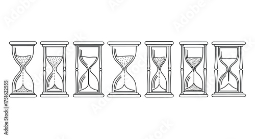 Collection of hourglasses showing the passage of time isolated on white background