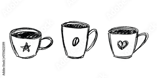 Set of cute hand drawn cup of tea or coffee Simple mug clipart Cozy home doodle Single element for design