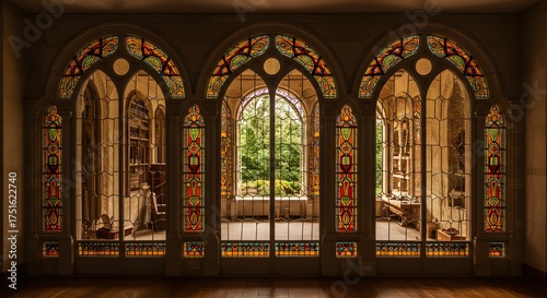Ornate Stained Glass Windows in a Historic Castle Interior