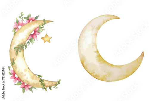 Watercolor composition in the lunar style. Moon with stars on ropes and flora elements. Image for design, printing, etc.