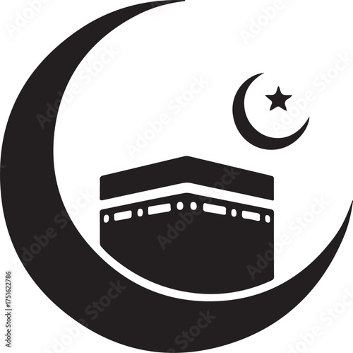 Black silhouette of Kaaba with crescent moon and star icon islam mecca