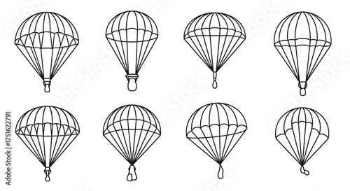 Set of parachute sketch isolated on white background in black line art