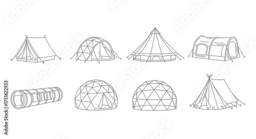 Hand drawn sketch of different types of tents isolated on white background