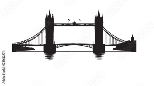 Black silhouette of Tower Bridge London with reflection on white background black and white