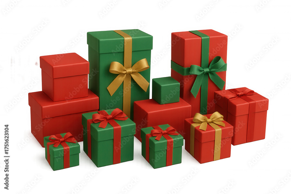 Obraz premium Red and green gift boxes with ribbons celebrating holidays, winter, christmas, shopping, and presents, transparent background