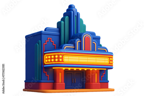 Bright stylized cinema building with neon lights and art deco elements, isolated on white background, concept of architecture and design. Ai generative