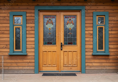 Rustic Wooden Cabin Entrance with Stained Glass Double Doors and Tall Windows