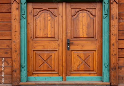 Rustic Wooden Double Doors with Teal Trim and Ornate Detailing