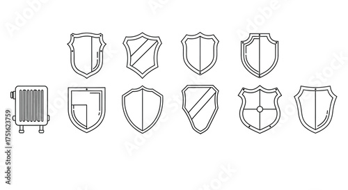Set of shields and radiator isolated on white background in line art