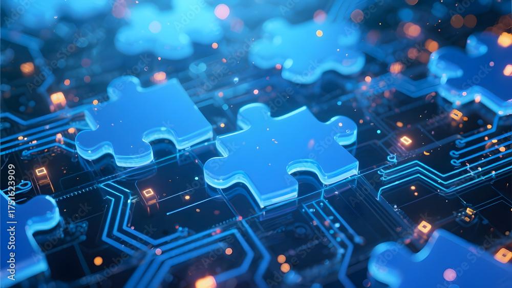 Obraz premium Digital puzzle pieces glowing API integration concept