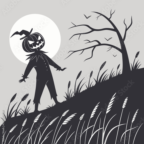Spooky scarecrow silhouette with pumpkin head on hill under full moon