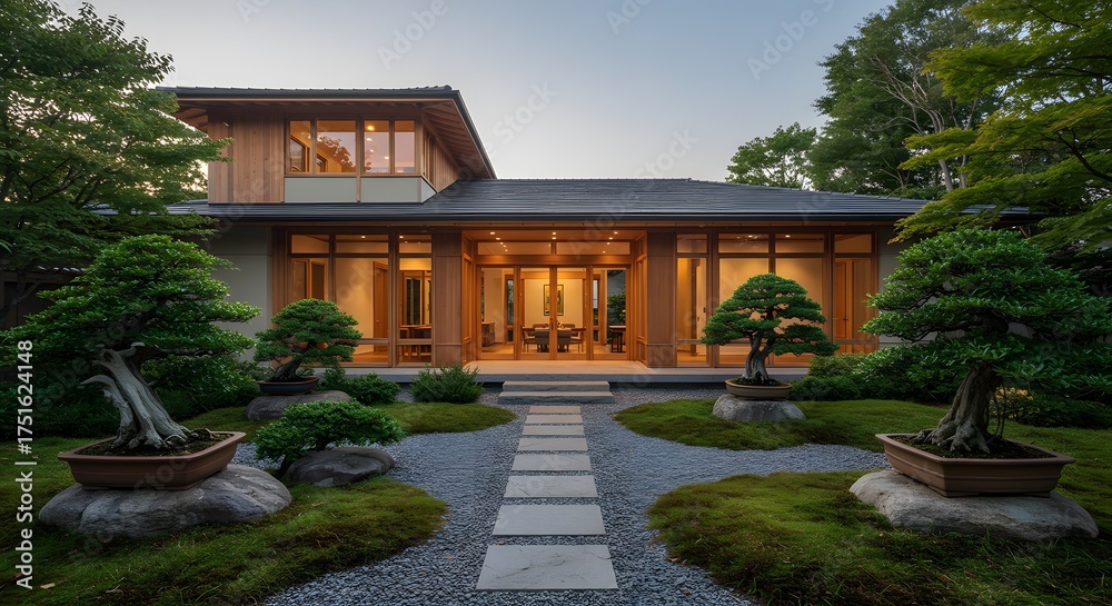 Fototapeta premium Serene Modern Japanese Home with Zen Garden and Bonsai Trees at Dusk