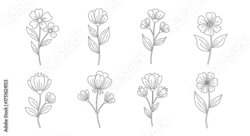 Set of flower isolated on white background in doodle style illustration