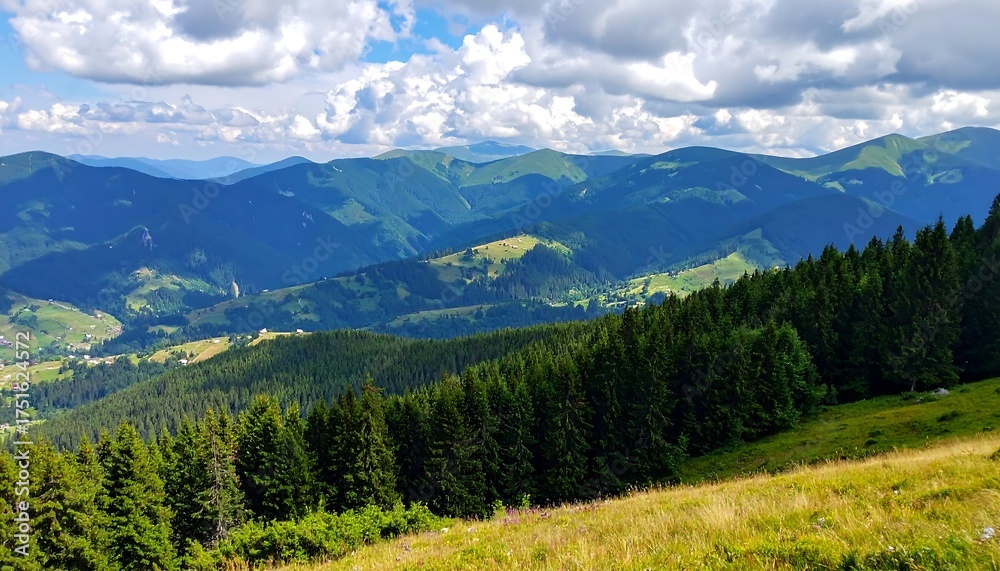 Fototapeta premium Panoramic vista of undulating green mountains under a cloudy blue sky