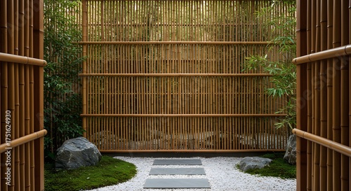 Tranquil Japanese Garden Path with Bamboo Fence and Moss