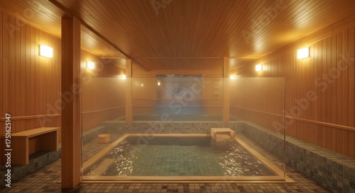 Tranquil Japanese Onsen Hot Spring Bath with Wood Paneling and Natural Light