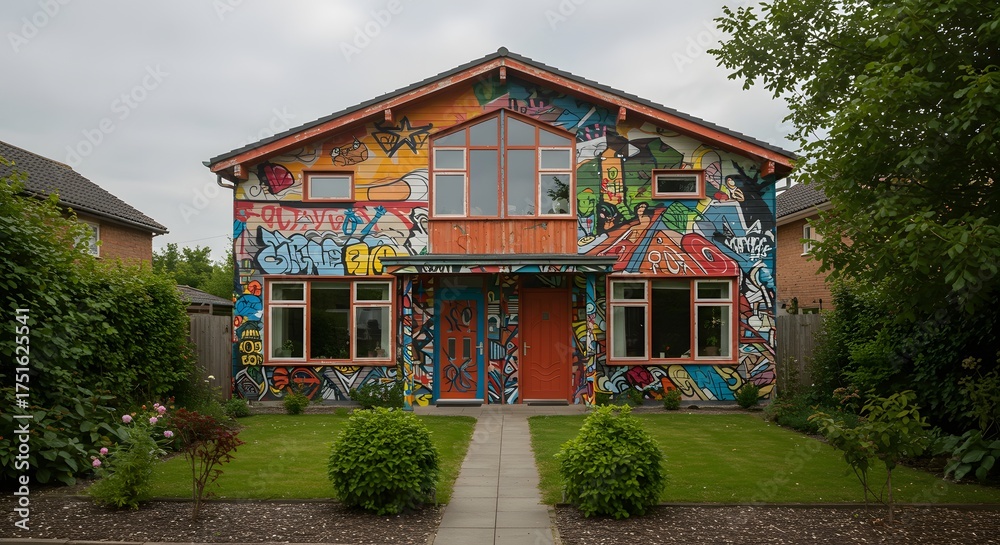 Fototapeta premium Vibrant Graffiti Art House Exterior with Lush Green Garden