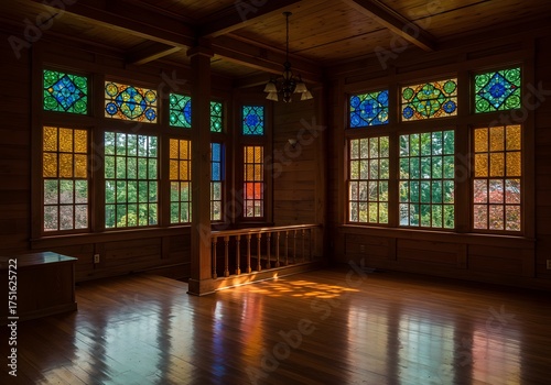 Victorian Interior with Stained Glass Windows and Sunlight