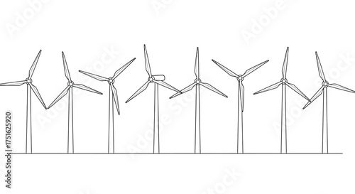 Wind turbines in a row isolated on white background, clean energy concept
