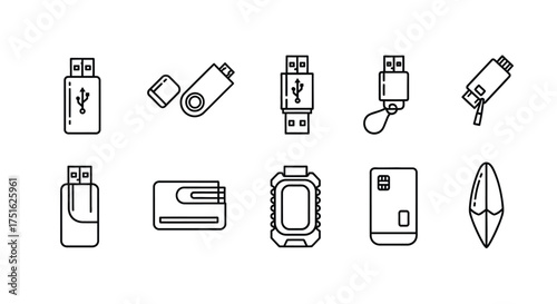 Set of usb flash drive isolated on white background, data storage device