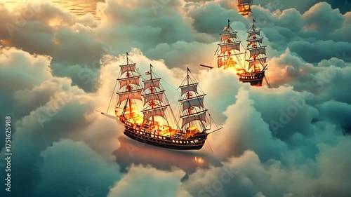 Magical tall ships with golden light sailing gracefully through soft ethereal clouds for fantastical serenity dreamlike travel aerial adventure concept