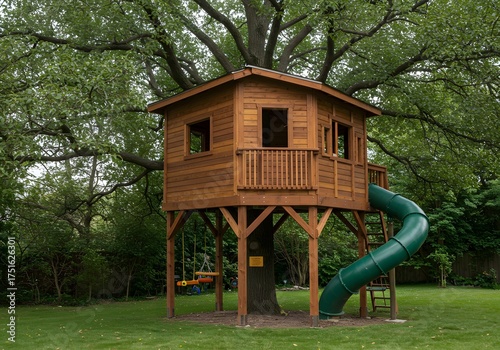 Wooden Treehouse with Slide and Swings in a Lush Green Backyard