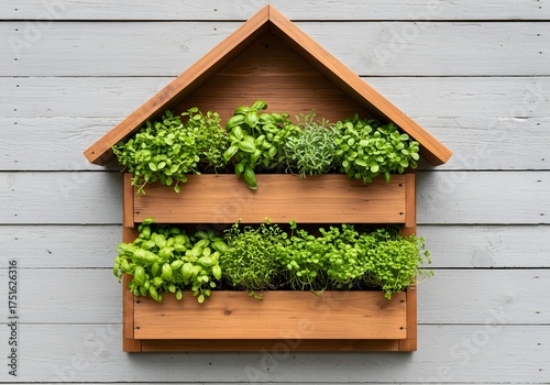 Wooden Vertical Garden with Fresh Herbs and Greens on a Plank Wall