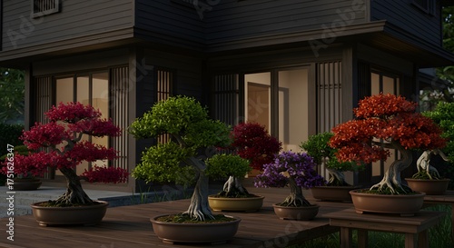 Zen Garden Display: Variety of Colorful Bonsai Trees in Pots Outside Japanese House