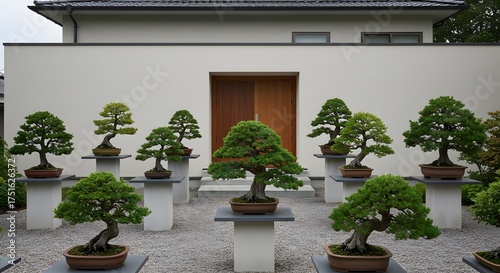 Zen Garden with Miniature Bonsai Trees Displayed Outside Modern Architecture