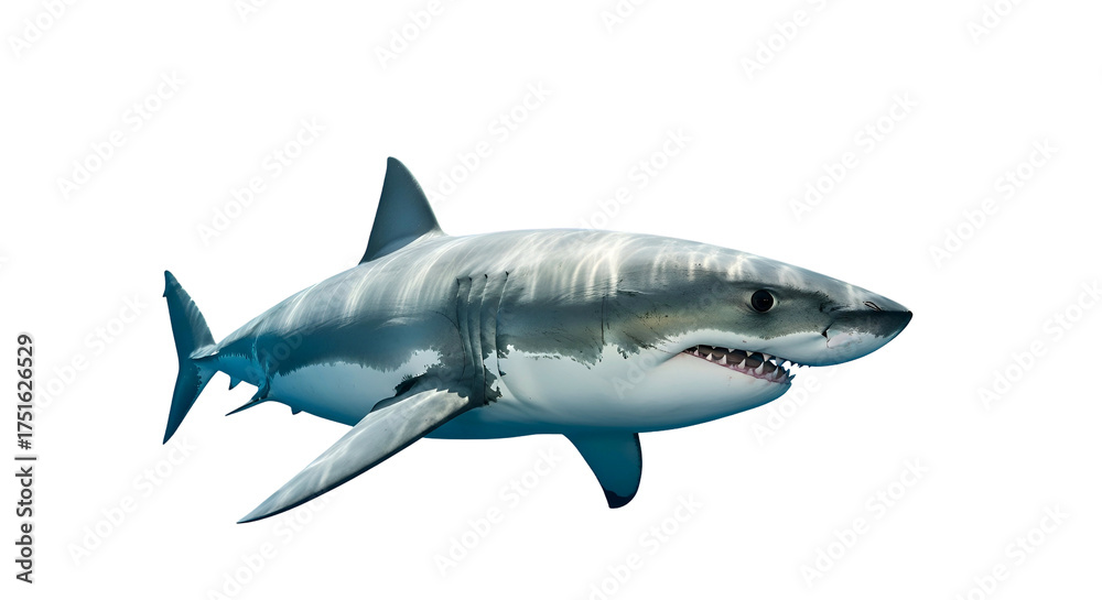 Fototapeta premium Great white shark swims, visible teeth, blue water background