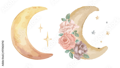 Watercolor composition in the lunar style. Moon with stars on ropes and flora elements. Image for design, printing, etc.