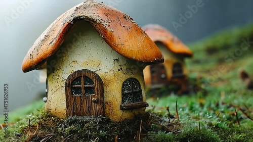 Close-up of charming miniature mushroom houses with lush green moss glowing softly in gentle sunlight for magical fairy tale fantasy childhood imagination peaceful nature concept