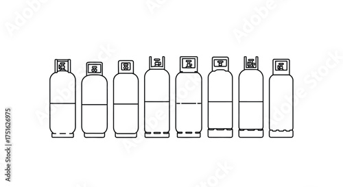 Collection of industrial gas cylinders in a line illustration