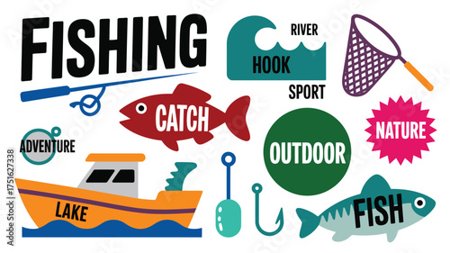 Colorful Fishing with Boat, Fish, Rod, Net, and Hooks Illustration Art