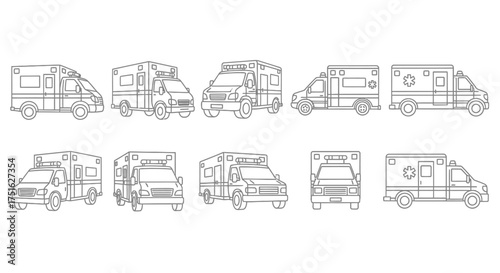 Collection of hand drawn ambulance vehicle illustrations in black and white